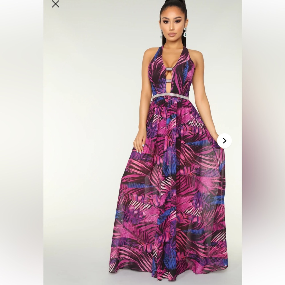 Grow With The Flow Tropical Gown Palm Leaves Rhinestone Trim Party Caged Back XL